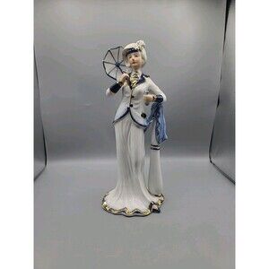 Vintage KPM Blue and White Gold Trim Woman Umbrella Porcelain Figurine
